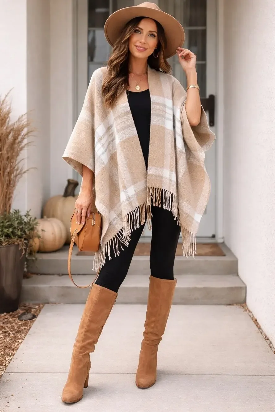 Charter Club Plaid Poncho Wrap NWT Beige Fringe Oversized Fall One Size